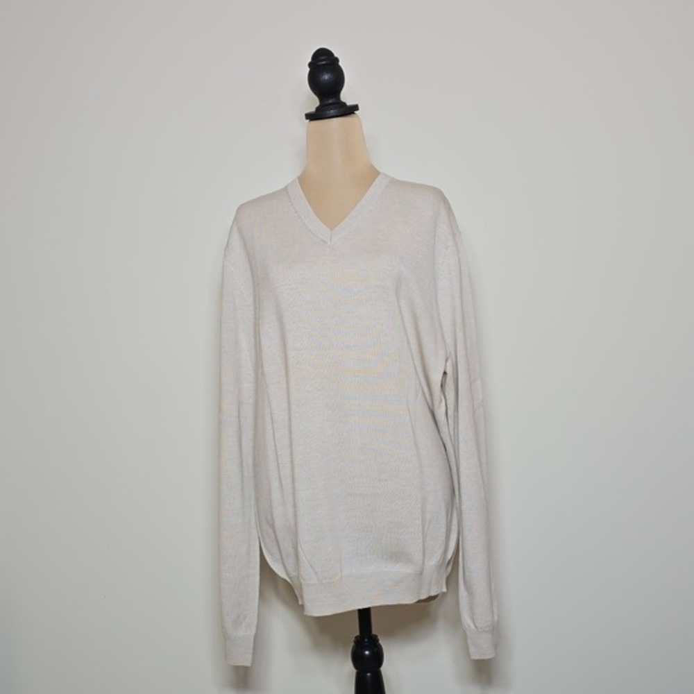Joseph Abboud Mens XL Extra Fine Merino Wool V Neck‎ Sweater Beige Long Sleeve
